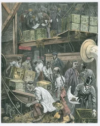 Entladung eines Teeschiffs in den Londoner Docks (spätere Kolorierung)